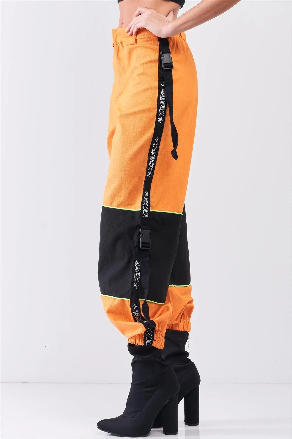 Bright Orange High Waist Print Side Trim Utility Buckle Detail Parachute Racetrack Cargo Pants /2-2-2 - Tasha Apparel Wholesale