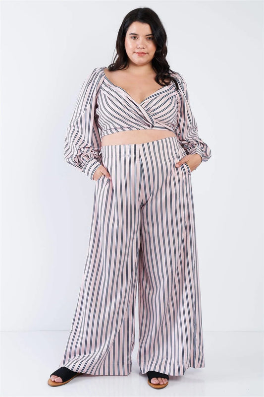 Junior Plus Size Blush Stripe Crop Top & Wide Leg Pants Set /1-1-1 - Tasha Apparel Wholesale