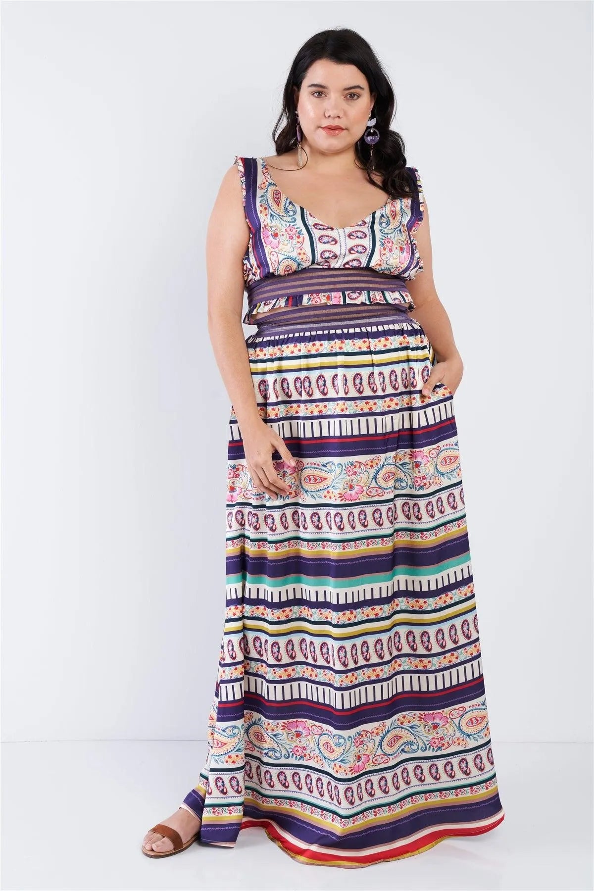Junior Plus Size Boho Stripe Crop Top & Maxi Skirt Set /1-1-1 - Tasha Apparel Wholesale