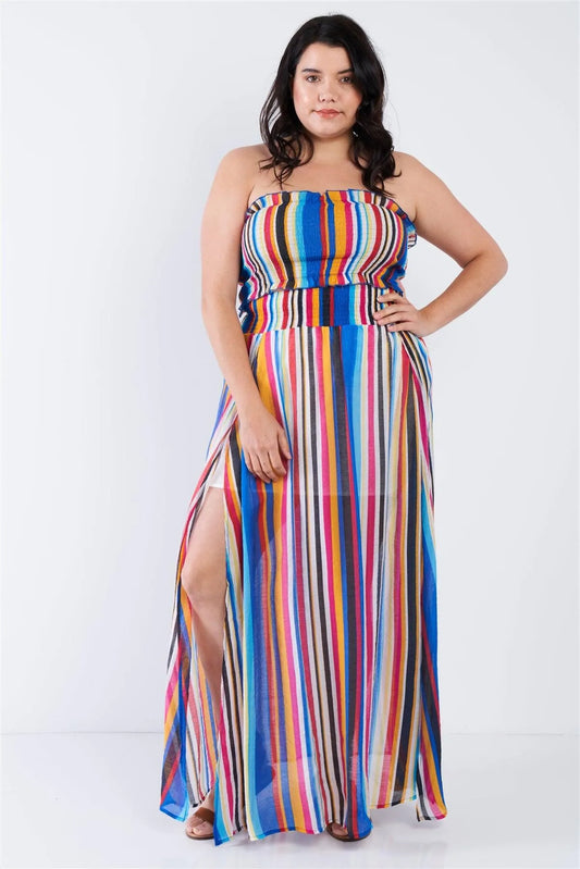 Junior Plus Size Multi Stripe Bandeau & Maxi Skirt Set /1-1-1 - Tasha Apparel Wholesale