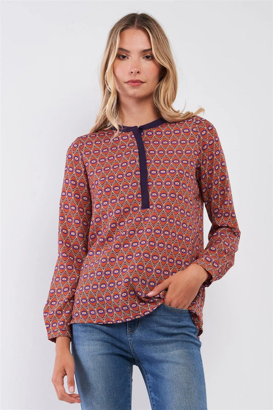 Orange Multi Abstract Print Long Sleeve High Neck Relaxed Fit Tunic Top /1-2-2-1 - Tasha Apparel Wholesale