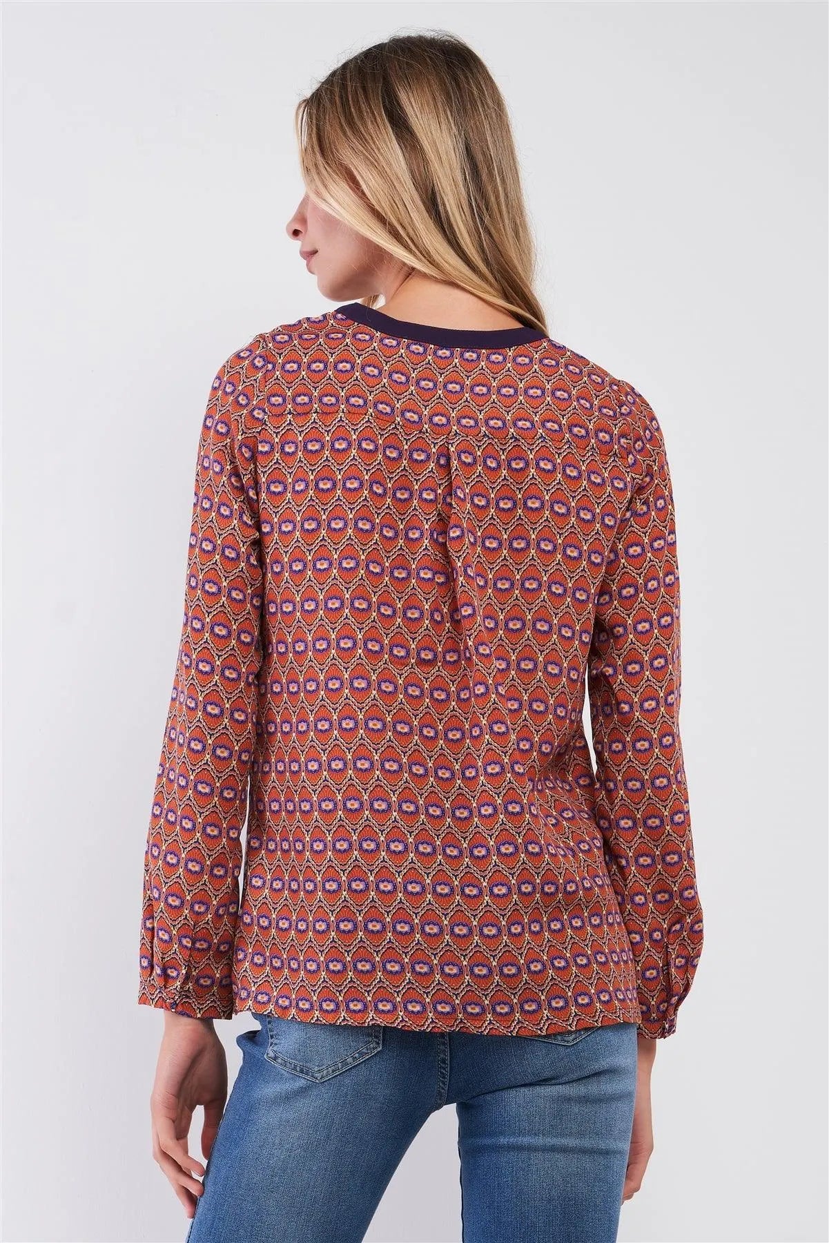 Orange Multi Abstract Print Long Sleeve High Neck Relaxed Fit Tunic Top /1-2-2-1 - Tasha Apparel Wholesale