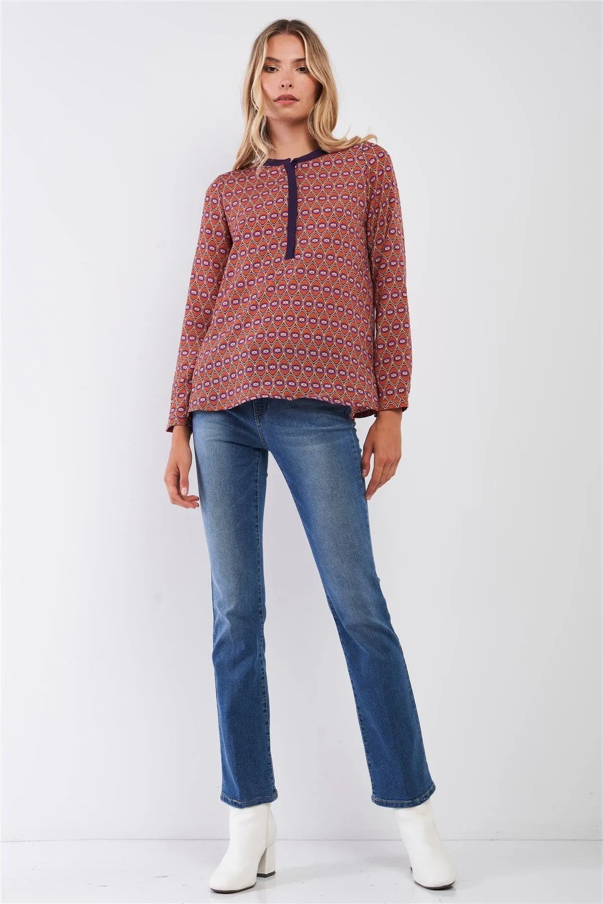 Orange Multi Abstract Print Long Sleeve High Neck Relaxed Fit Tunic Top /1-2-2-1 - Tasha Apparel Wholesale