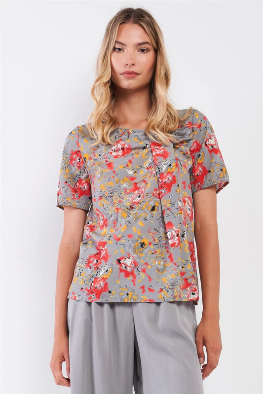 Grey Multi Floral Print Asymmetrical Neck Draped Short Sleeve Loose Fit Top /1-2-2-1 - Tasha Apparel Wholesale