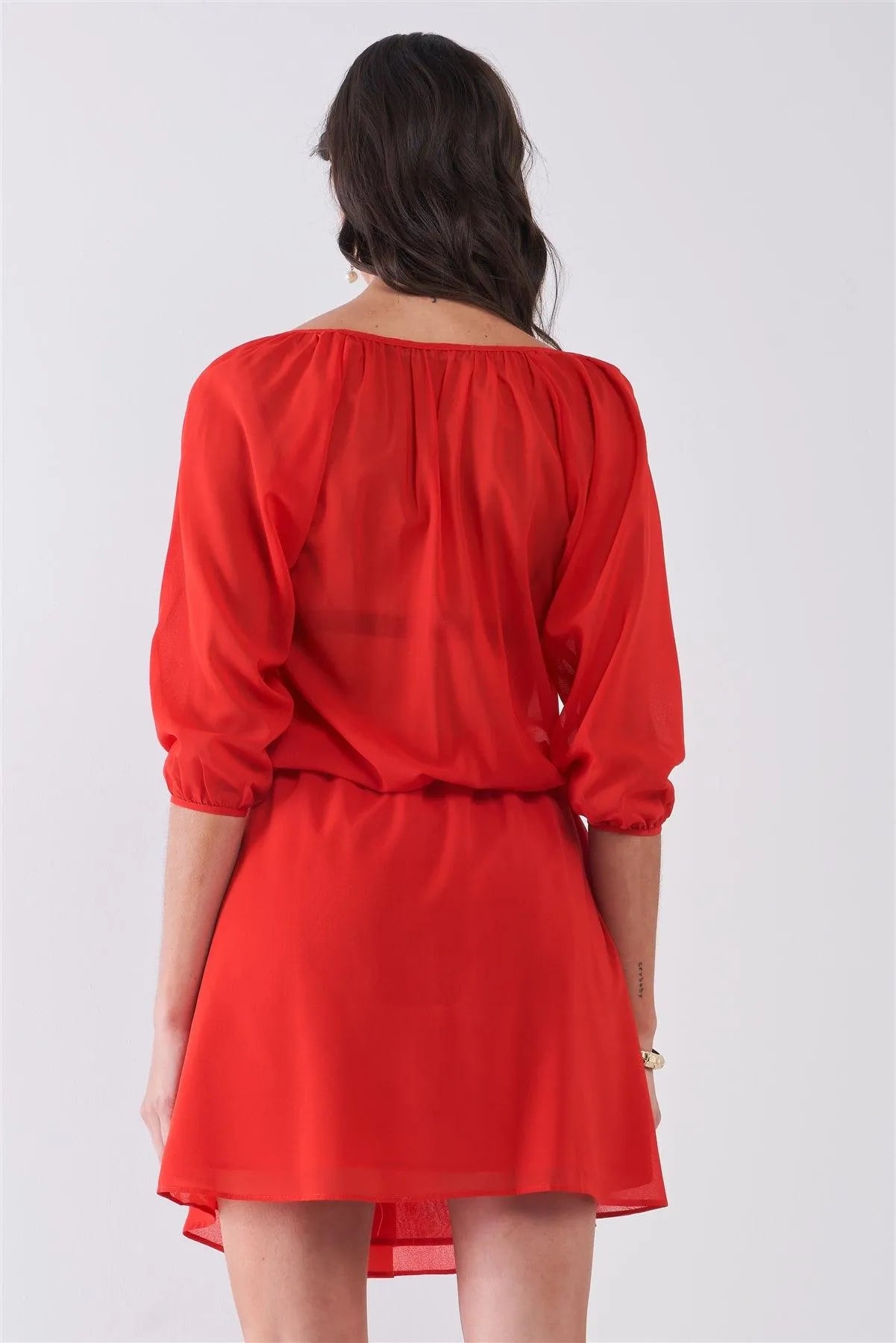 Flame Red Boat Neck Ruffle Collar Midi Sleeve Self-Tie Waist Front Button Down Mini Dress /2-1-2 - Tasha Apparel Wholesale