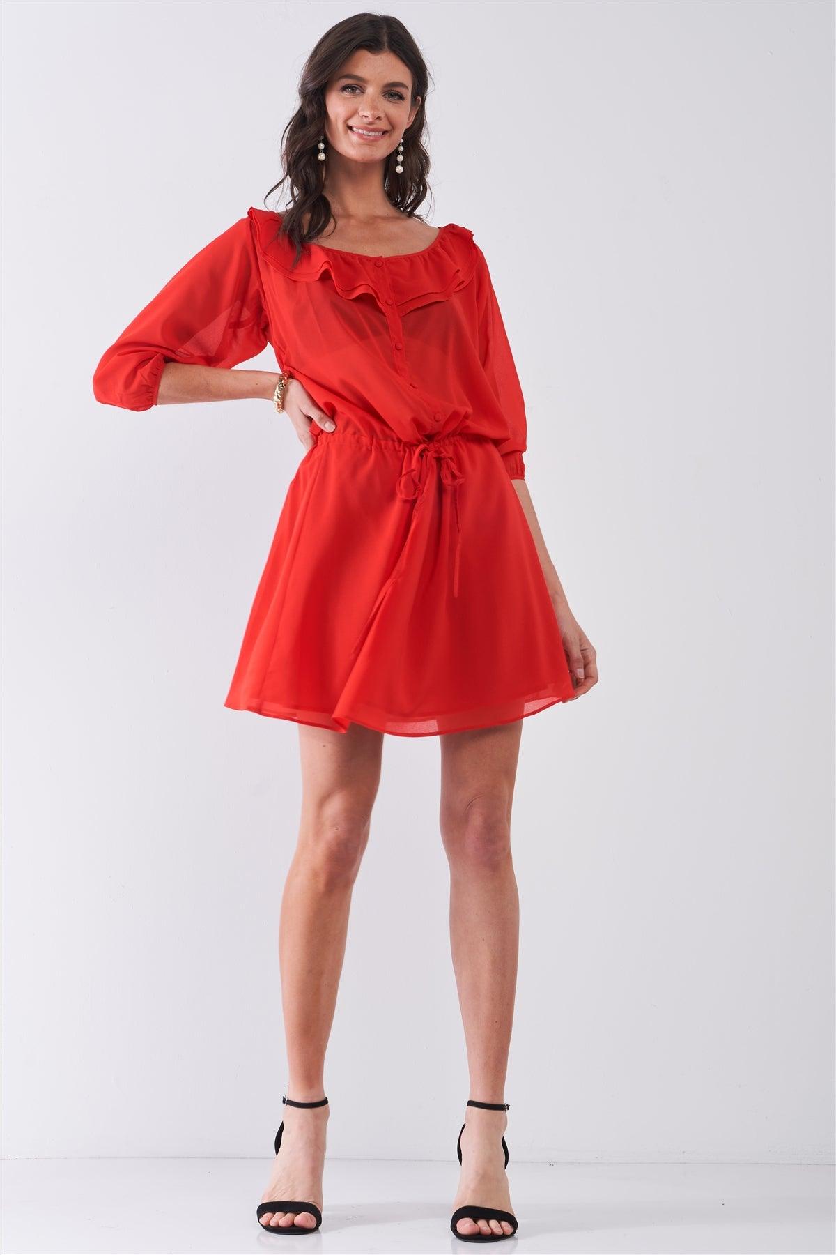 Flame Red Boat Neck Ruffle Collar Midi Sleeve Self-Tie Waist Front Button Down Mini Dress /2-1-2