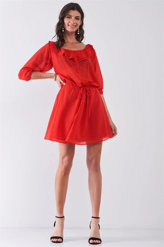 Flame Red Boat Neck Ruffle Collar Midi Sleeve Self-Tie Waist Front Button Down Mini Dress /1-2-2-1 - Tasha Apparel Wholesale