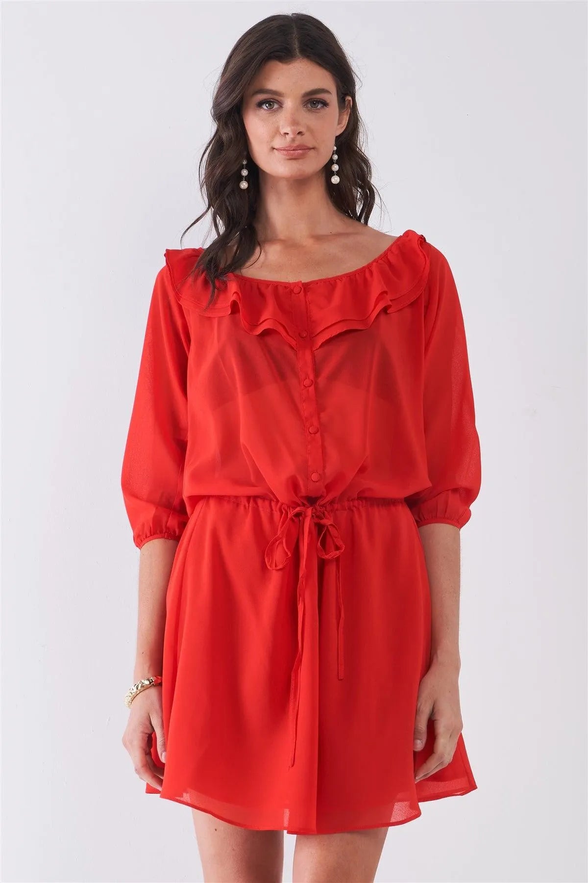 Flame Red Boat Neck Ruffle Collar Midi Sleeve Self-Tie Waist Front Button Down Mini Dress /1-2-2-1 - Tasha Apparel Wholesale