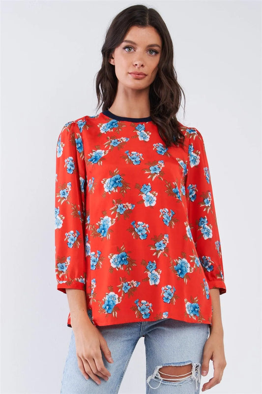 Cherry Red Blue Floral Print Mid Sleeve Navy Crew Neck Lose Fit Top - Tasha Apparel Wholesale
