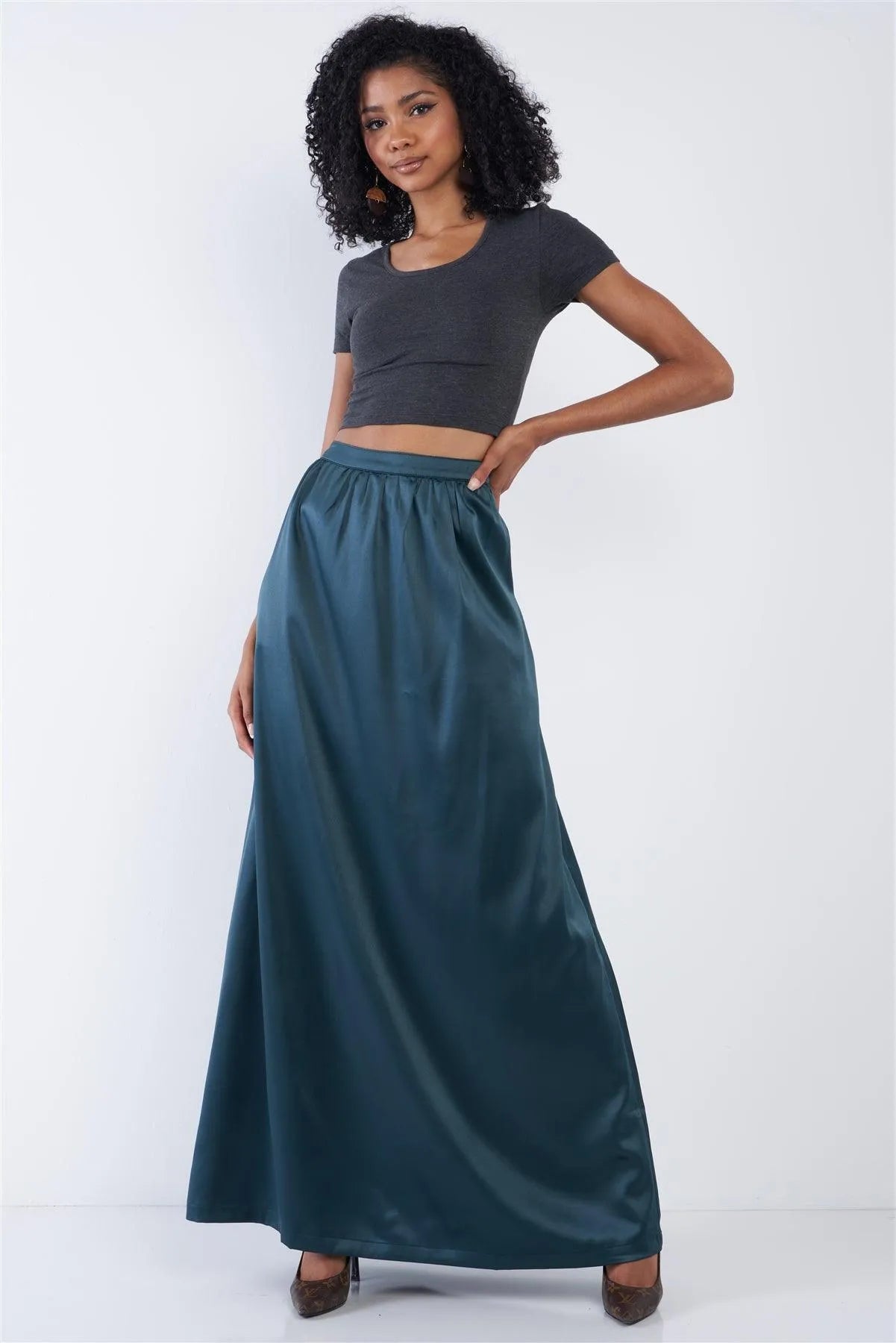 Emerald Green Satin High Waist Flowing Maxi Skirt - Tasha Apparel Wholesale