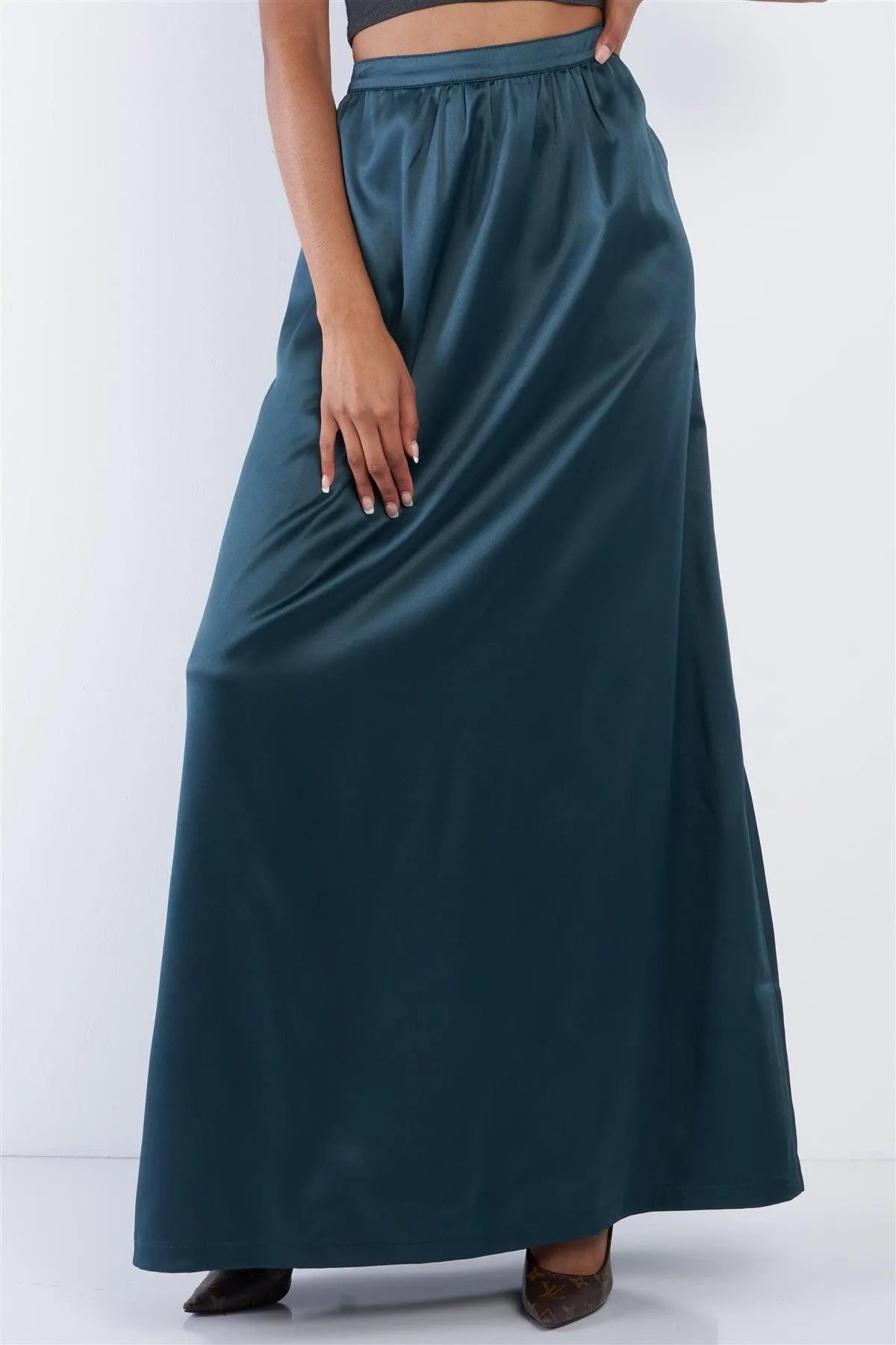 Emerald Green Satin High Waist Flowing Maxi Skirt - Tasha Apparel Wholesale