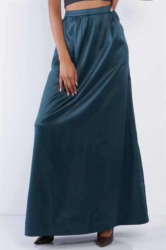 Emerald Green Satin High Waist Flowing Maxi Skirt /1-2-3 - Tasha Apparel Wholesale