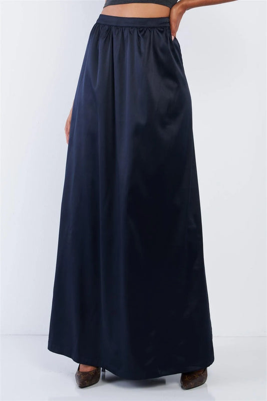 Solid Navy Blue Satin High Waist Flowing Maxi Skirt /1-2-2 - Tasha Apparel Wholesale