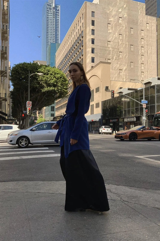 Solid Navy Blue Satin High Waist Flowing Maxi Skirt /1-2-2-1 - Tasha Apparel Wholesale