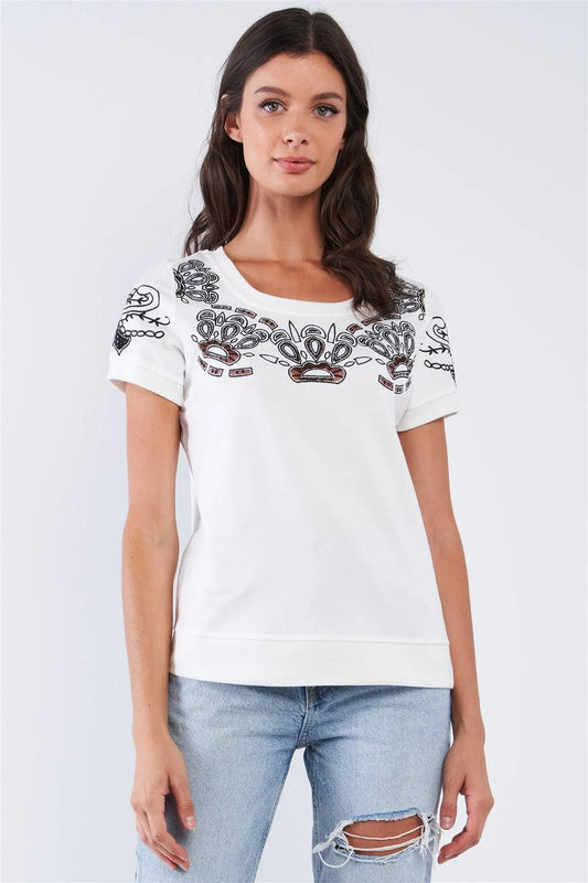Cream Short Sleeve Black Embroidered Ribbed Hem Crew Neck Top - Tasha Apparel Wholesale