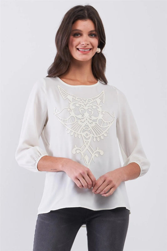 Creme Round Neck 3/4 Puff Sleeve Vegan Leather Front Detail Loose Fit Top - Tasha Apparel Wholesale