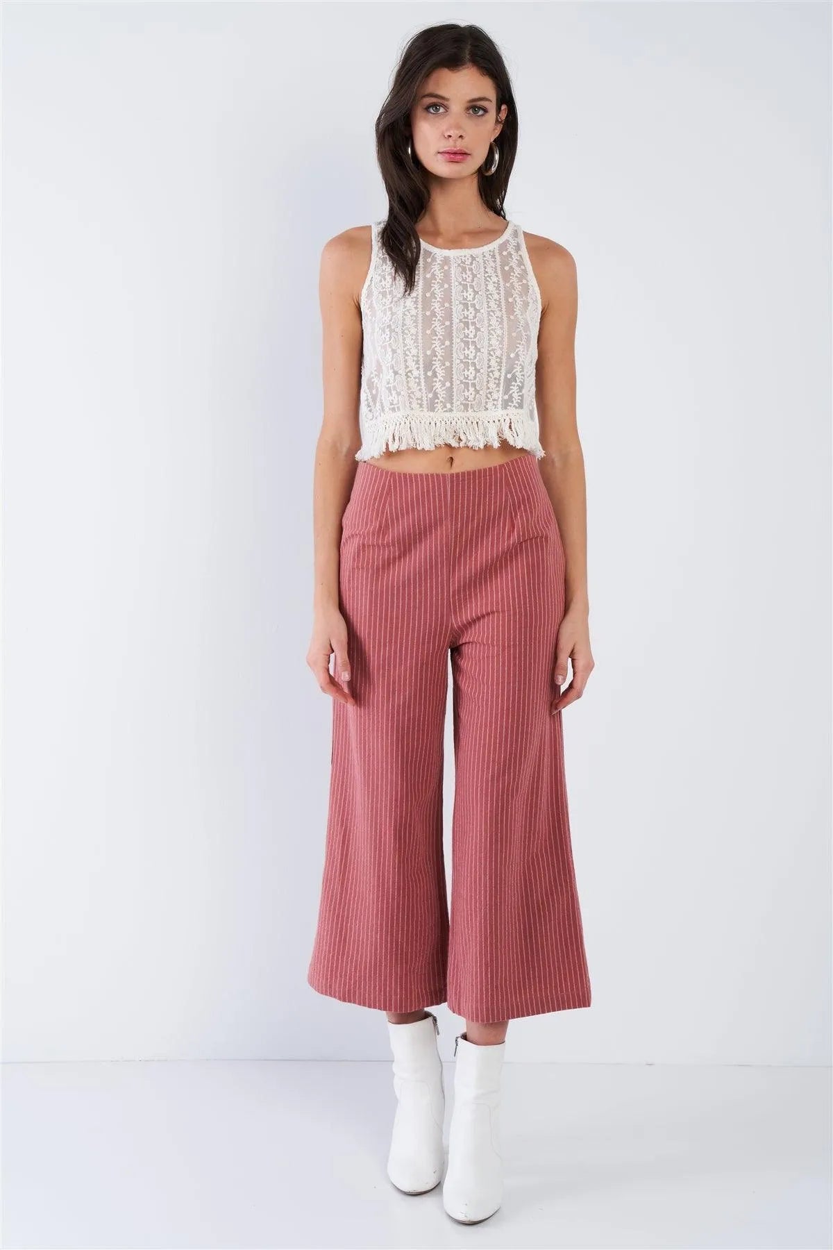 Dusty Rose Pink Cotton Pinstripe Gaucho Pants /1-1-2-2 - Tasha Apparel Wholesale