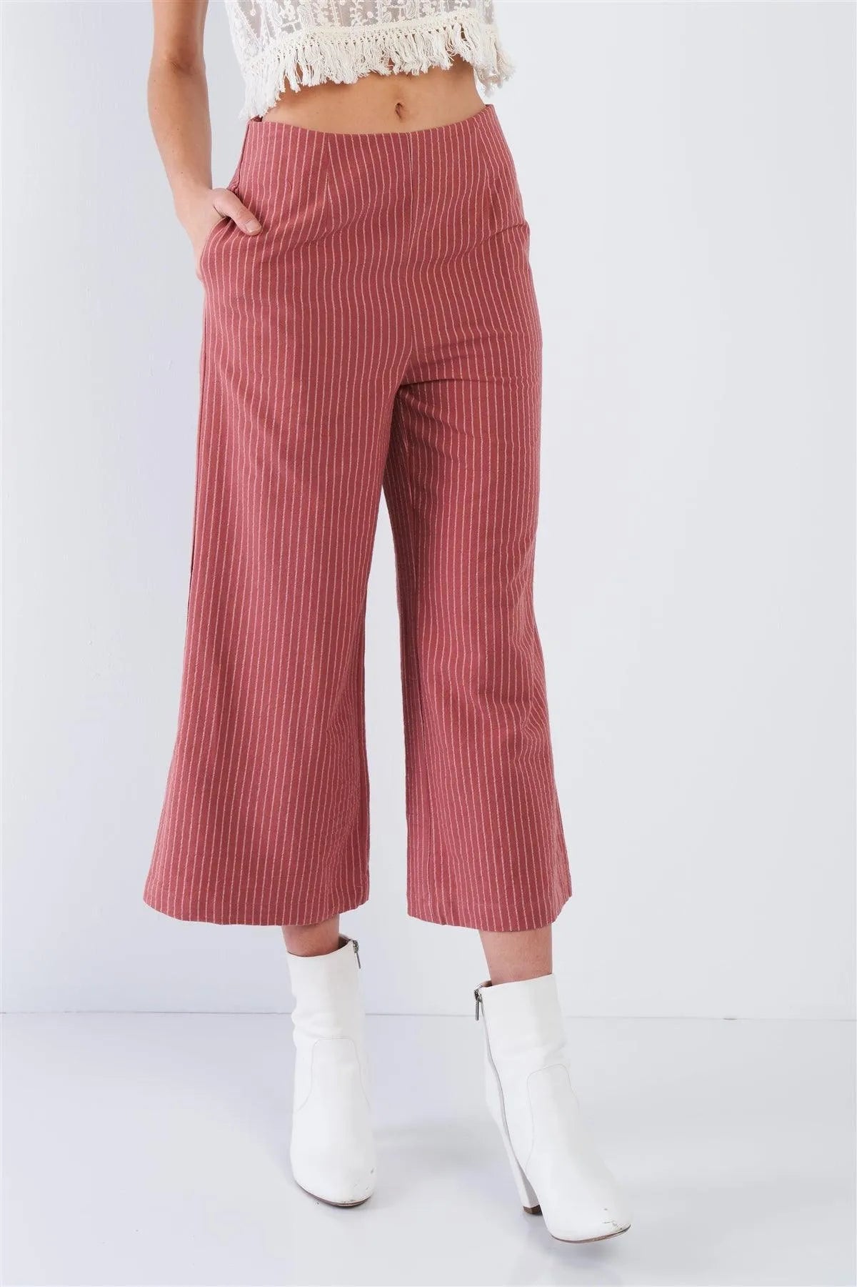Dusty Rose Pink Cotton Pinstripe Gaucho Pants /1-1-2-2 - Tasha Apparel Wholesale