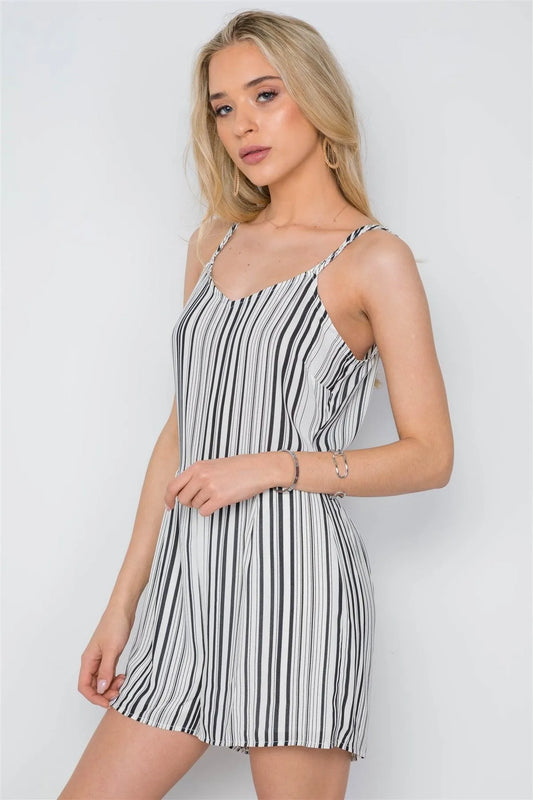 Black White Stripe Cami Loose Fit Romper /1-2-2-1 - Tasha Apparel Wholesale