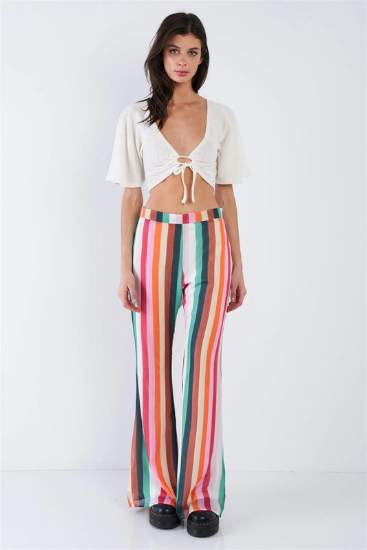 Orange Multi Stripe High Waist Festival Wide Leg Sheer Pants / 1-2-2-1 - Tasha Apparel Wholesale