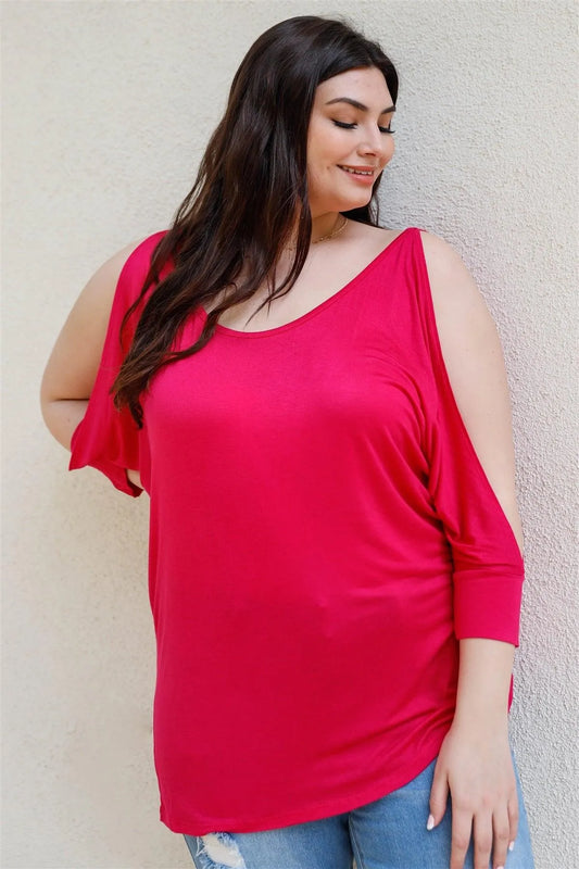 Junior Plus Dark Fuchsia Cold Shoulder Midi Sleeve Top /2-2-2 - Tasha Apparel Wholesale