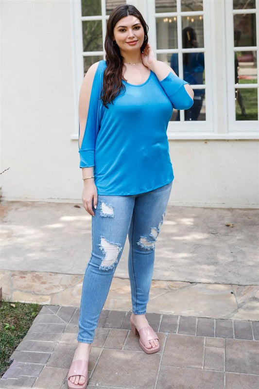 Junior Plus Turquoise Cold Shoulder Midi Sleeve Top /2-2-2 - Tasha Apparel Wholesale