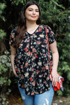 Junior Plus Black Flower Print V-Neck Short Sleeve Top /2-2-2 - Tasha Apparel Wholesale