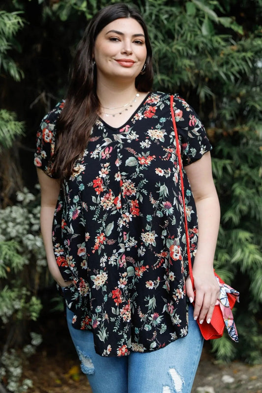 Junior Plus Black Flower Print V-Neck Short Sleeve Top /2-2-2 - Tasha Apparel Wholesale
