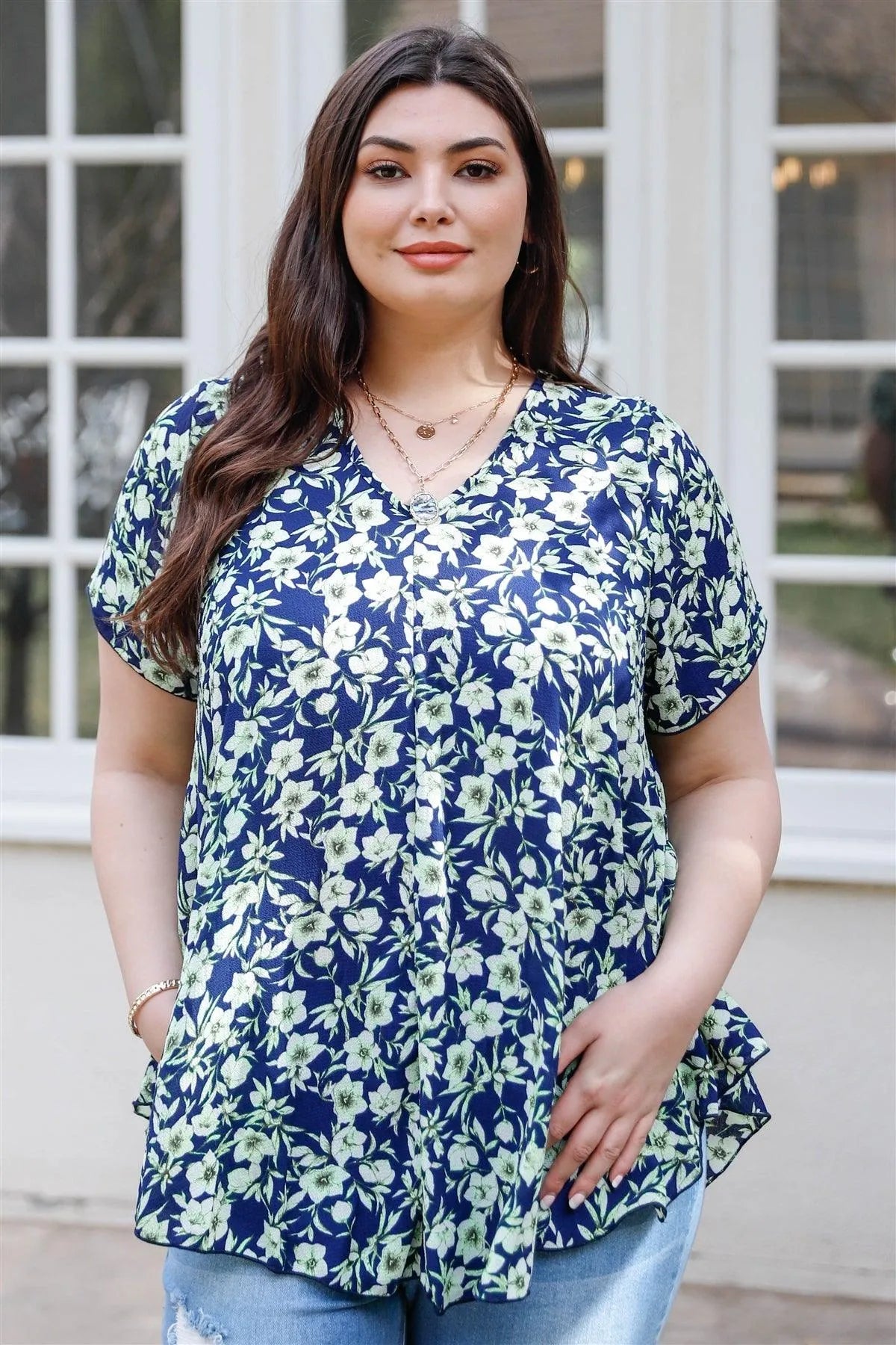Junior Plus Navy Flower Print V-Neck Short Sleeve Top /2-2-2 - Tasha Apparel Wholesale
