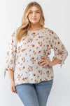 Junior Plus Ivory Floral Tie Midi Sleeve Back Zipper Relax Top /1-1-1 - Tasha Apparel Wholesale