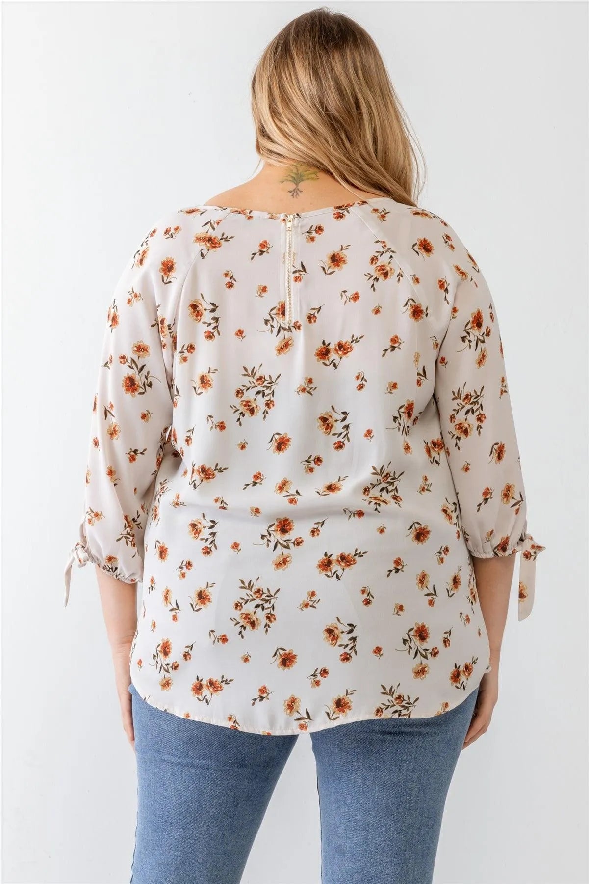 Junior Plus Ivory Floral Tie Midi Sleeve Back Zipper Relax Top /1-1-1 - Tasha Apparel Wholesale