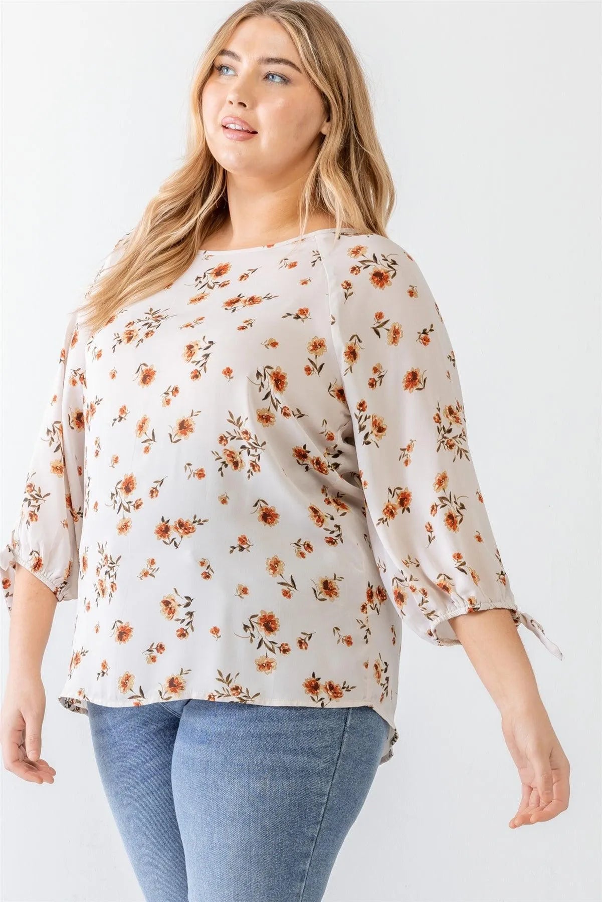 Junior Plus Ivory Floral Tie Midi Sleeve Back Zipper Relax Top /1-1-1 - Tasha Apparel Wholesale