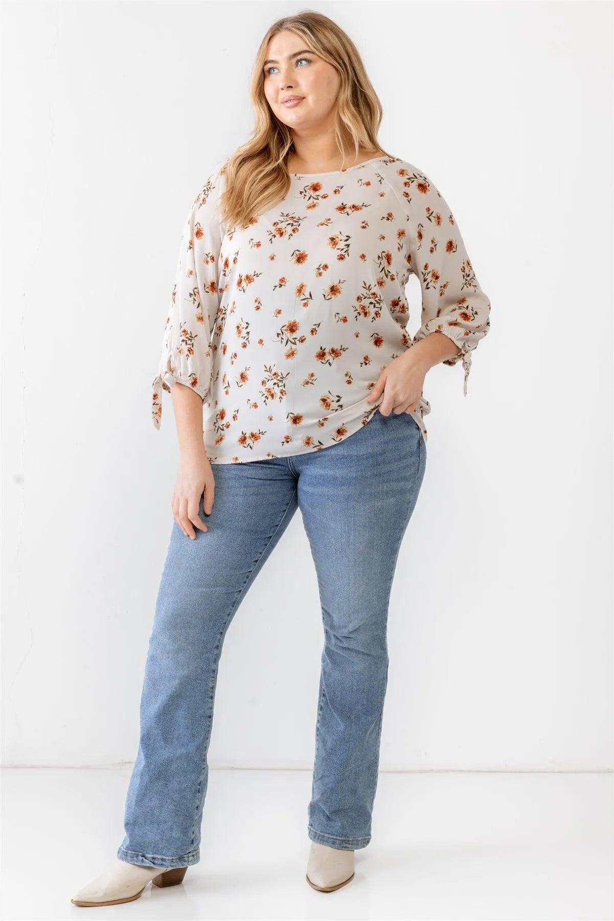 Junior Plus Ivory Floral Tie Midi Sleeve Back Zipper Relax Top /1-1-1 - Tasha Apparel Wholesale