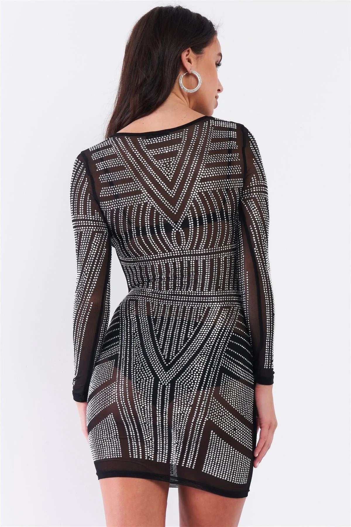 Black Rhinestone Studded Sheer Mesh Long Sleeve Bodycon Dress /1-1-1-1 - Tasha Apparel Wholesale