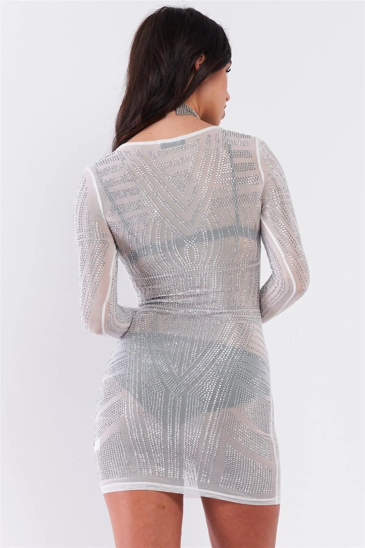 Silver Rhinestone Studded Sheer Mesh Long Sleeve Bodycon Dress /1-1-1-1 Silver Rhinestone Studded Sheer Mesh Long Sleeve Bodycon Dress /1-1-1-1