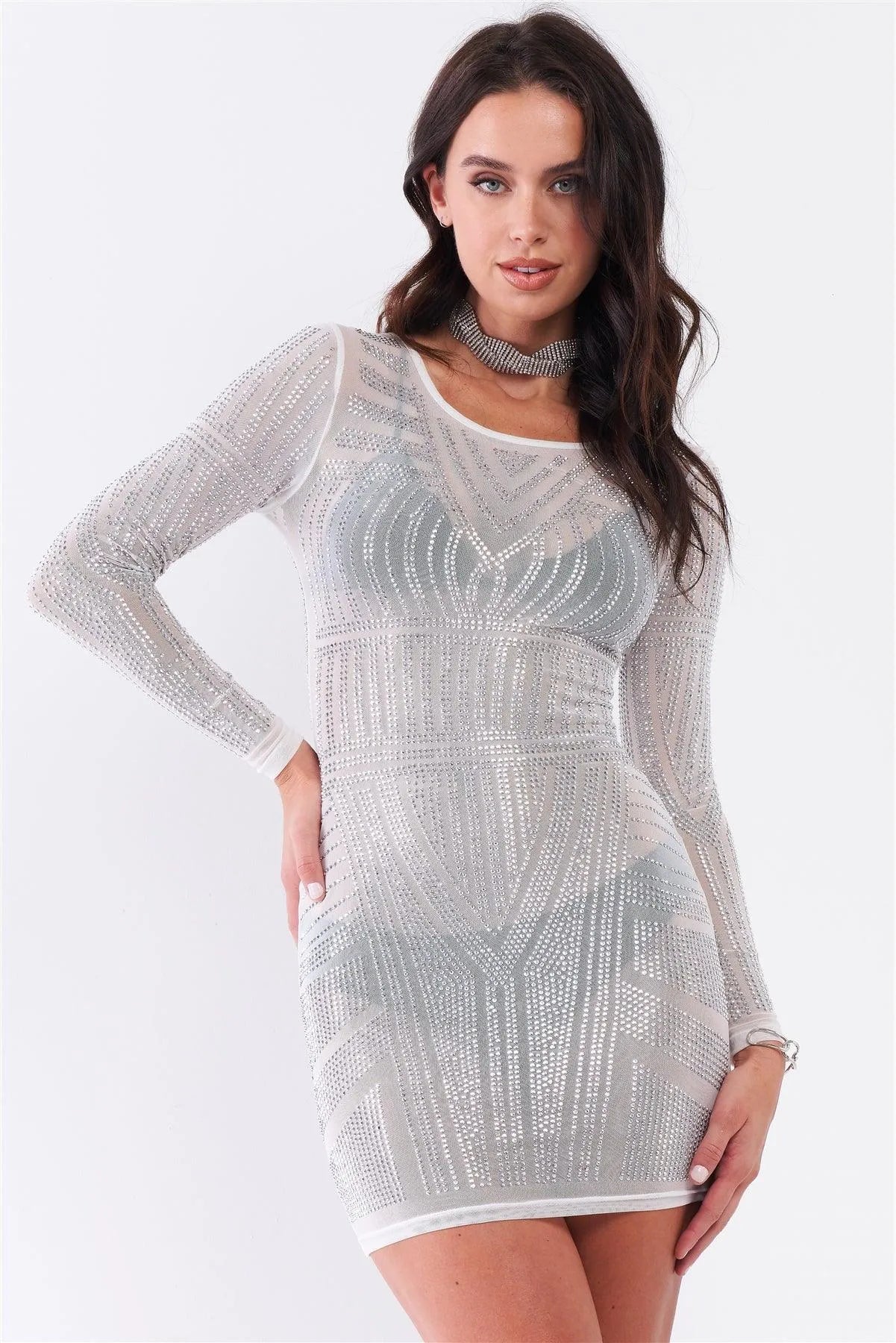 Silver Rhinestone Studded Sheer Mesh Long Sleeve Bodycon Dress /1-1-1-1 - Tasha Apparel Wholesale
