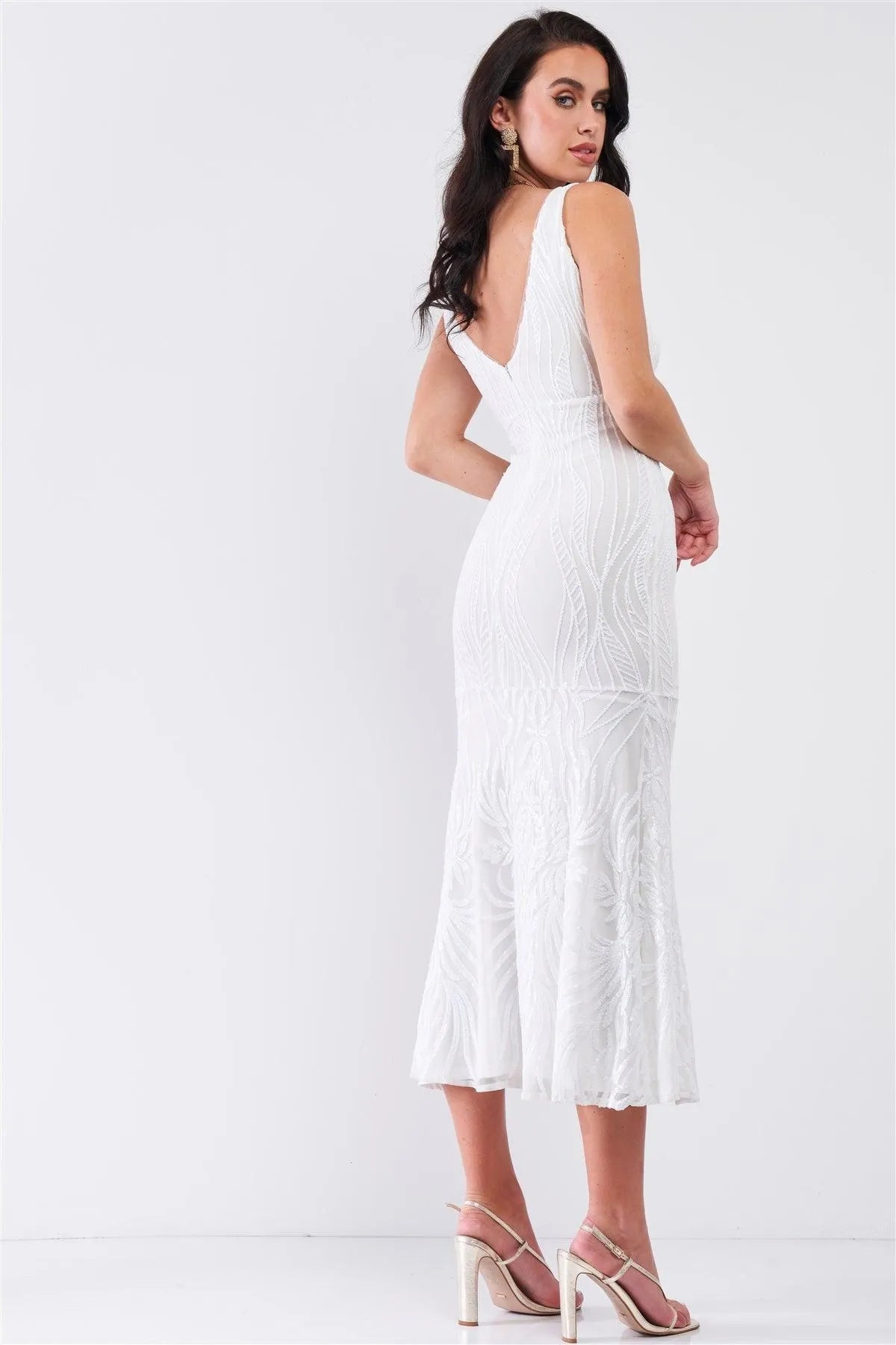 Snow Queen White Sequin Sleeveless V-Neck Fitted Flare Midi Dress /4-2 - Tasha Apparel Wholesale