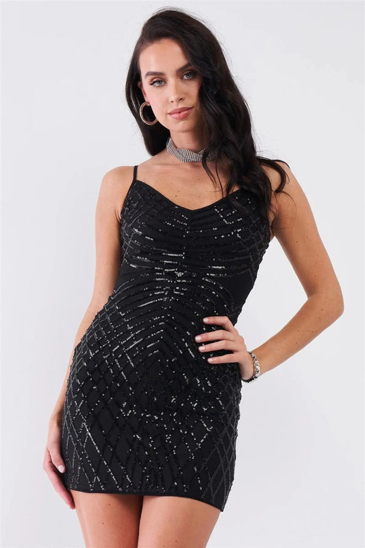 Black Sequin Embellished Mesh Sleeveless V-Neck Fitted Mini Dress /2-2-2 - Tasha Apparel Wholesale