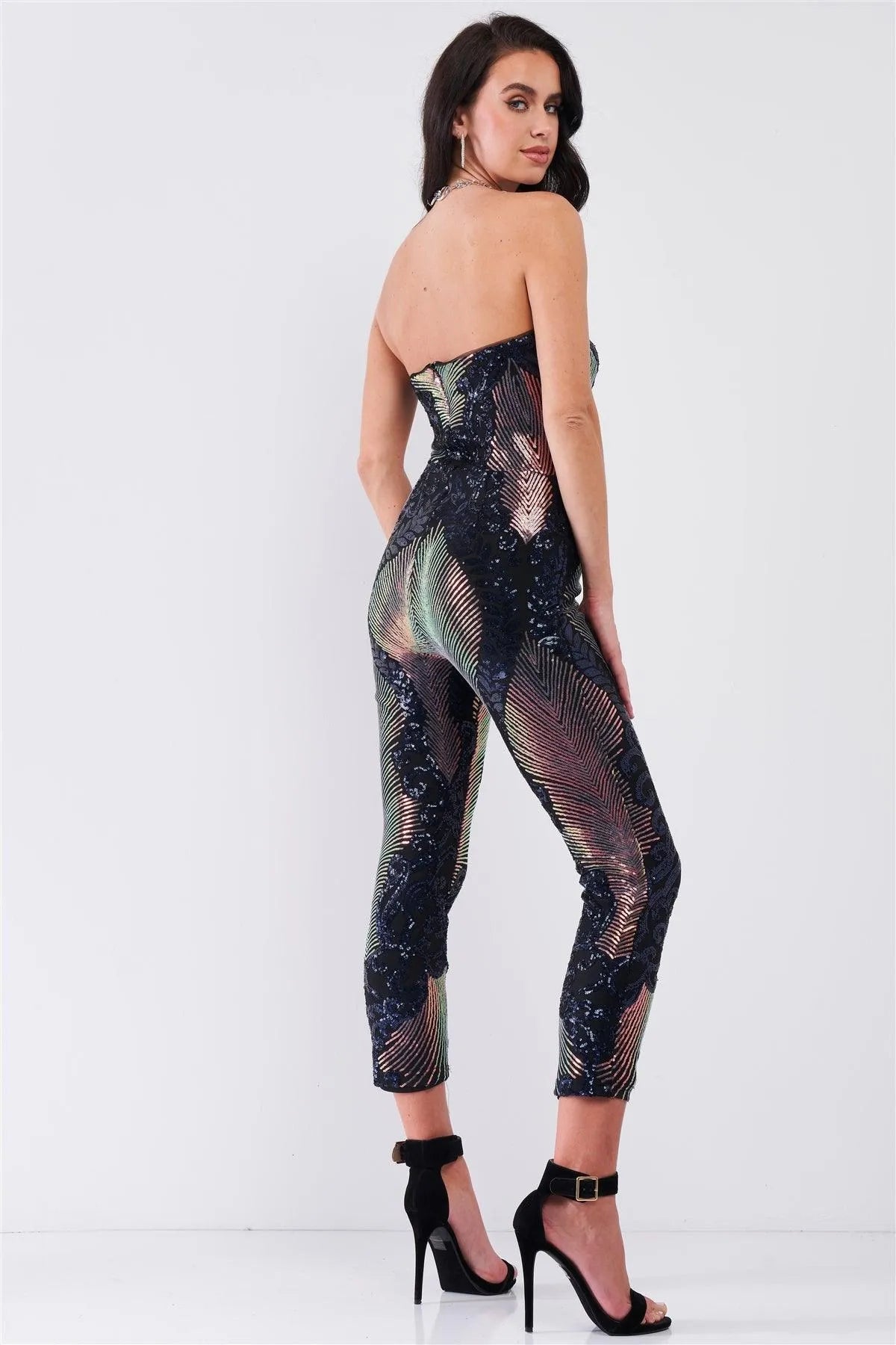 Party In Eden Navy & Pink Chameleon Sequin Palm Leave Pattern Sleeveless Tube Jumpsuit /2-1-1 - Tasha Apparel Wholesale