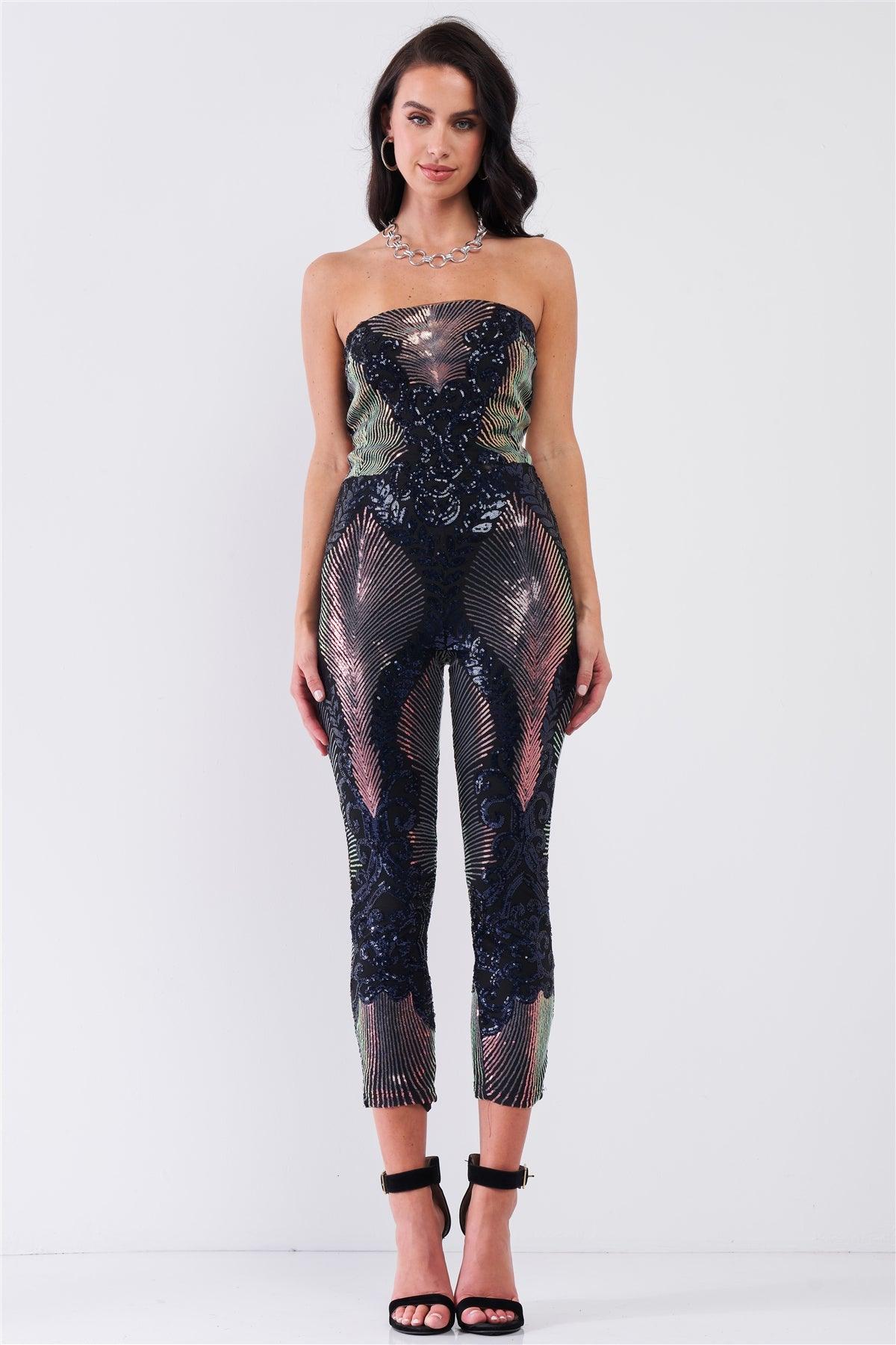 Party In Eden Navy & Pink Chameleon Sequin Palm Leave Pattern Sleeveless Tube Jumpsuit /2-2-2