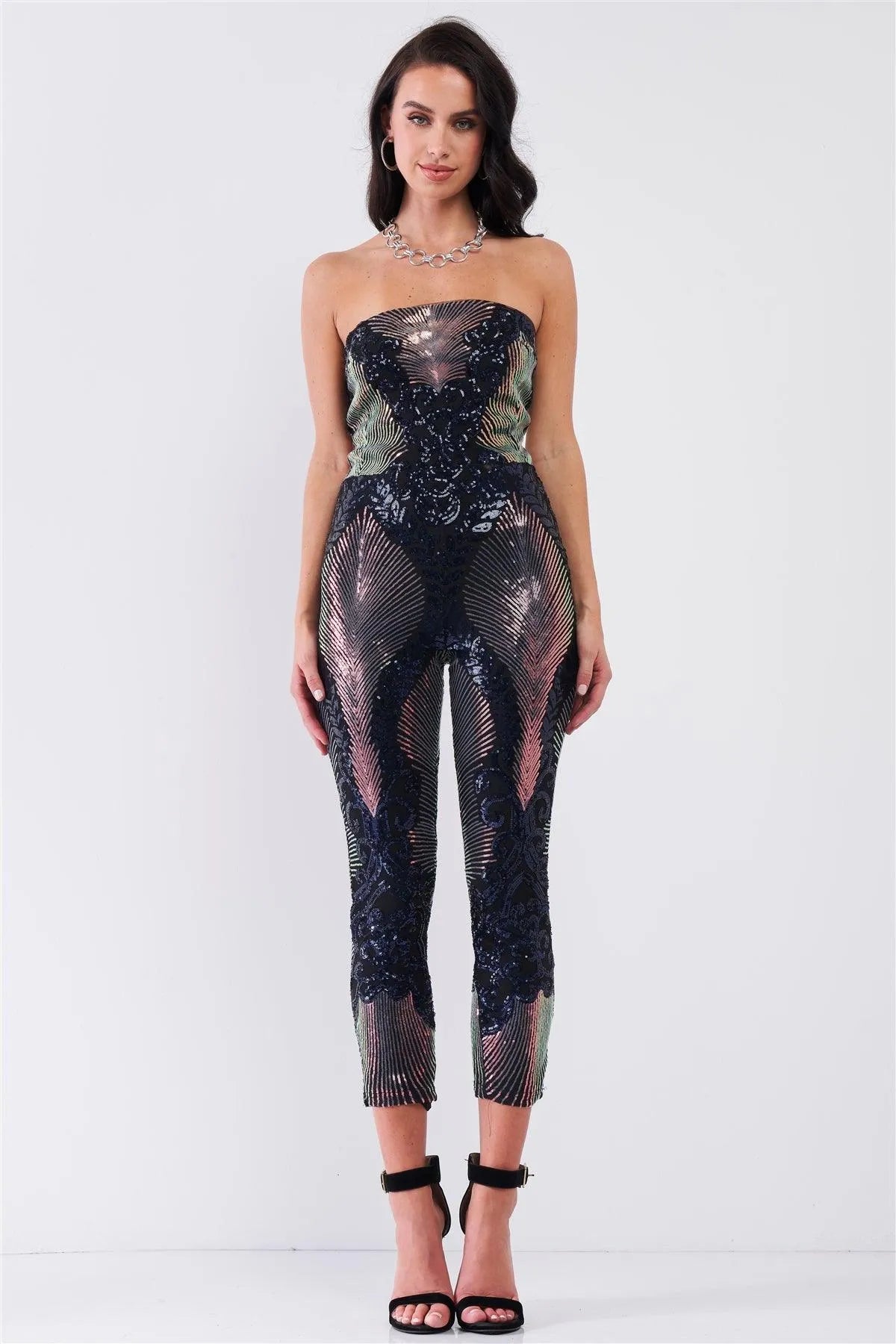 Party In Eden Navy & Pink Chameleon Sequin Palm Leave Pattern Sleeveless Tube Jumpsuit /2-2-2 - Tasha Apparel Wholesale