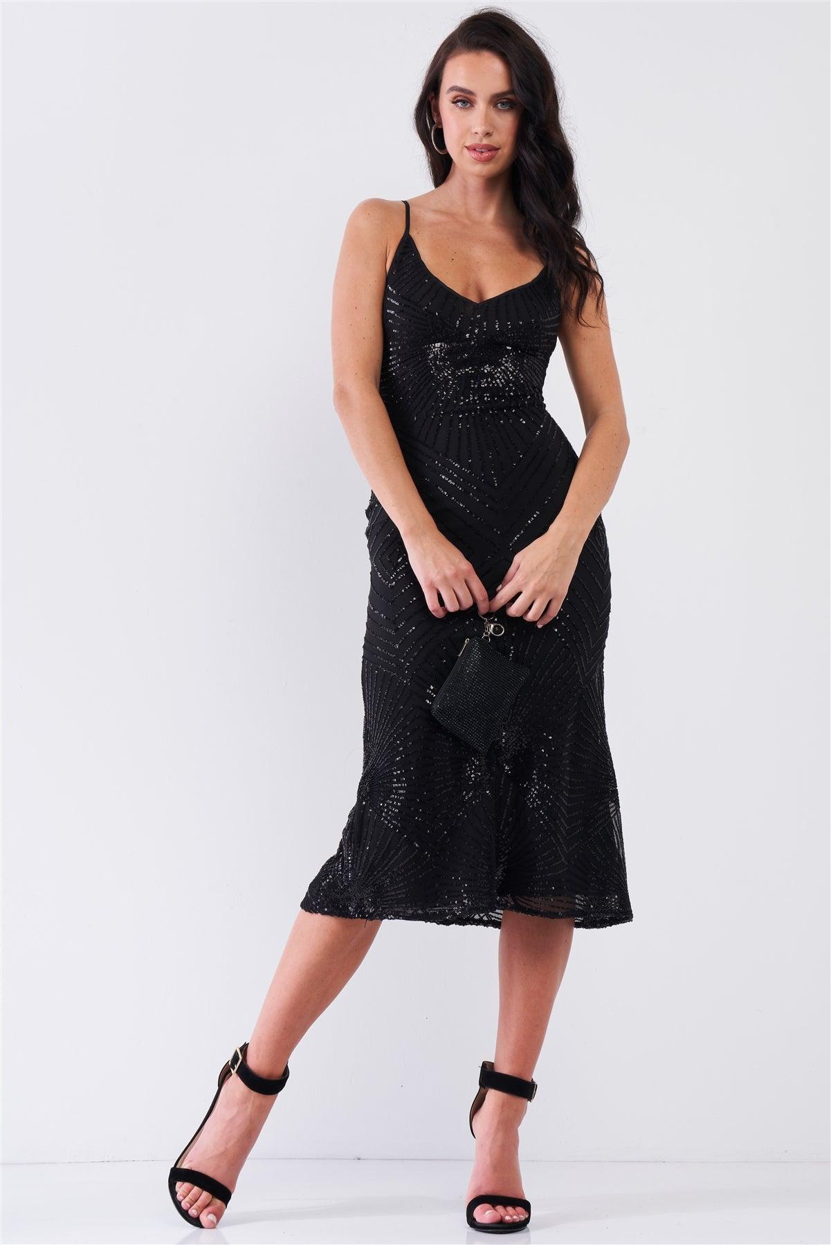 Black Sequin Embellished Mesh Sleeveless V-Neck Fitted Maxi Dress /2-2-2