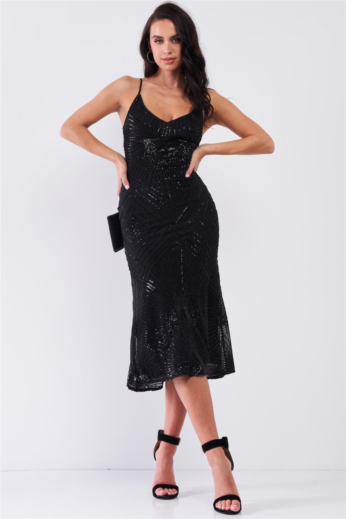 Black Sequin Embellished Mesh Sleeveless V-Neck Fitted Maxi Dress /2-2-2