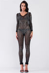 Black Rhinestone Embroidery V-Neck Sheer Mesh Long Sleeve Bodycon Jumpsuit /1-1-1-1 - Tasha Apparel Wholesale