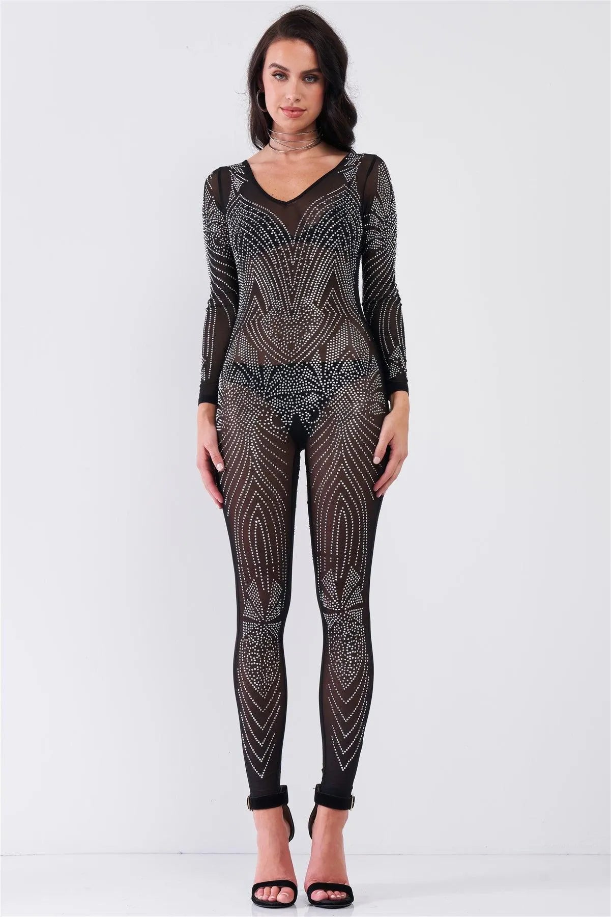 Black Rhinestone Embroidery V-Neck Sheer Mesh Long Sleeve Bodycon Jumpsuit /1-1-1-1 - Tasha Apparel Wholesale