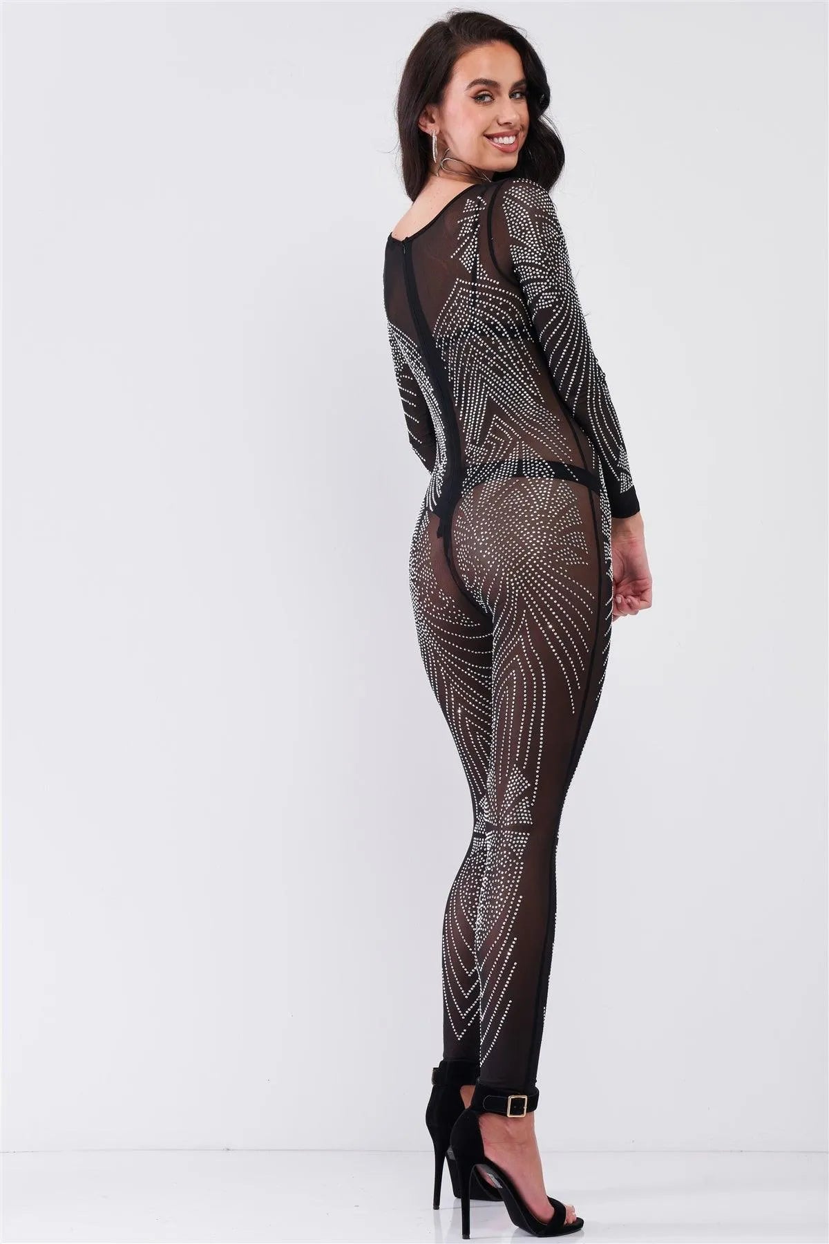 Black Rhinestone Embroidery V-Neck Sheer Mesh Long Sleeve Bodycon Jumpsuit /1-1-1-1 - Tasha Apparel Wholesale