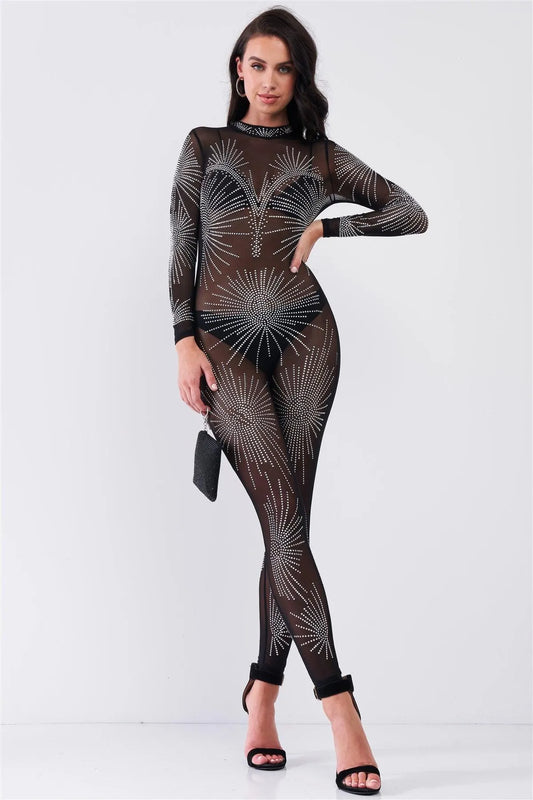 Black Rhinestone Mock Neck Embroidery Sheer Mesh Long Sleeve Bodycon Jumpsuit /1-1-1-1 - Tasha Apparel Wholesale