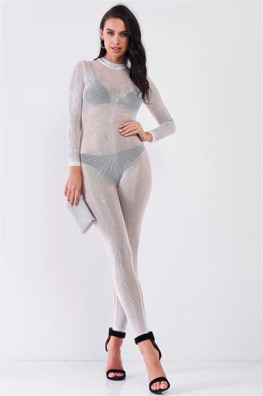White Rhinestone Mock Neck Embroidery Sheer Mesh Long Sleeve Bodycon Jumpsuit /1-1-1 - Tasha Apparel Wholesale
