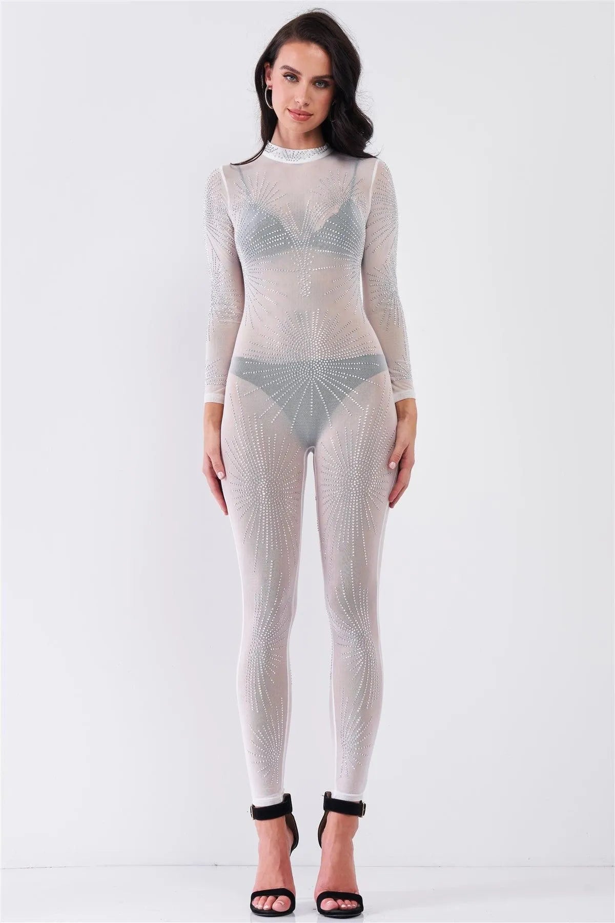 White Rhinestone Mock Neck Embroidery Sheer Mesh Long Sleeve Bodycon Jumpsuit /1-1-1-1 - Tasha Apparel Wholesale