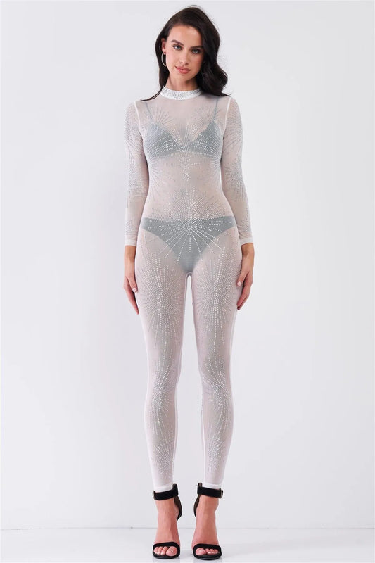 White Rhinestone Mock Neck Embroidery Sheer Mesh Long Sleeve Bodycon Jumpsuit /1-1-1-1 - Tasha Apparel Wholesale